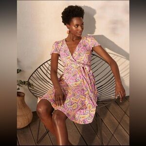 Boden Evangeline faux wrap dress size 6 paisley swing v neck jersey pockets pink